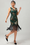 Robe moulante moulante à paillettes dorées vertes à paillettes des années 1920 avec pompons