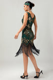 Robe moulante moulante à paillettes dorées vertes à paillettes des années 1920 avec pompons