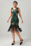 Robe moulante moulante à paillettes dorées vertes à paillettes des années 1920 avec pompons