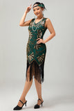 Robe moulante moulante à paillettes dorées vertes à paillettes des années 1920 avec pompons