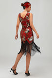 Robe moulante à clapet à paillettes dorées rouges à paillettes dorées des années 1920 avec pompons