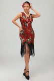 Robe moulante à clapet à paillettes dorées rouges à paillettes dorées des années 1920 avec pompons