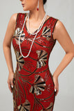 Robe moulante à clapet à paillettes dorées rouges à paillettes dorées des années 1920 avec pompons