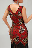 Robe moulante à clapet à paillettes dorées rouges à paillettes dorées des années 1920 avec pompons