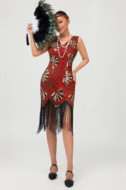 Robe moulante à clapet à paillettes dorées rouges à paillettes dorées des années 1920 avec pompons