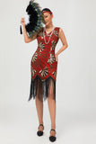Robe moulante à clapet à paillettes dorées rouges à paillettes dorées des années 1920 avec pompons