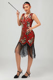 Robe moulante à clapet à paillettes dorées rouges à paillettes dorées des années 1920 avec pompons