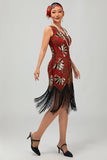 Robe moulante à clapet à paillettes dorées rouges à paillettes dorées des années 1920 avec pompons
