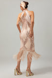Robe champagne dos nu à paillettes à franges des années 1920
