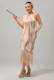 Robe champagne dos nu à paillettes à franges des années 1920