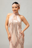 Robe à franges dos nu à paillettes champagne des années 1920 avec ensemble de 5 accessoires