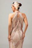 Robe champagne dos nu à paillettes à franges des années 1920