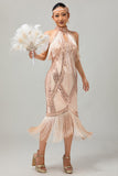 Robe champagne dos nu à paillettes à franges des années 1920