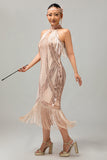 Robe champagne dos nu à paillettes à franges des années 1920