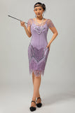 Robe courte à col en V perlée violette scintillante des années 1920 avec paillettes