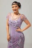 Robe à franges à paillettes violettes des années 1920 avec ensemble de 5 accessoires