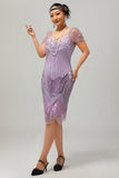 Robe à franges à paillettes violettes des années 1920 avec ensemble de 5 accessoires