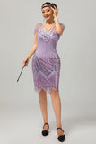 Robe courte à col en V perlée violette scintillante des années 1920 avec paillettes