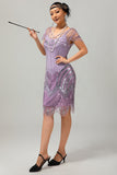 Robe à franges à paillettes violettes des années 1920 avec ensemble de 5 accessoires