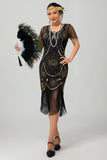 Gatsby Robe moulante à franges noires et rougesAnnées 1920 avec paillettes