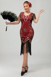 Gatsby Robe moulante à franges noires et rougesAnnées 1920 avec paillettes