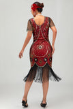 Gatsby Robe moulante à franges noires et rougesAnnées 1920 avec paillettes