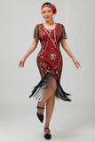 Gatsby Robe moulante à franges noires et rougesAnnées 1920 avec paillettes