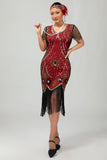 Gatsby Robe moulante à franges noires et rougesAnnées 1920 avec paillettes