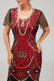 Gatsby Robe moulante à franges noires et rougesAnnées 1920 avec paillettes