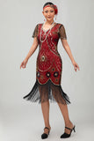 Gatsby Robe moulante à franges noires et rougesAnnées 1920 avec paillettes