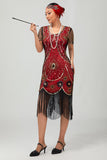 Gatsby Robe moulante à franges noires et rougesAnnées 1920 avec paillettes