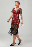 Gatsby Robe moulante à franges noires et rougesAnnées 1920 avec paillettes