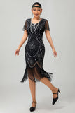 Gatsby Robe moulante à franges noires et rougesAnnées 1920 avec paillettes