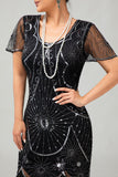 Gatsby Robe moulante à franges noires et rougesAnnées 1920 avec paillettes