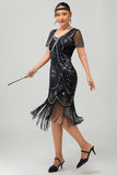 Gatsby Robe moulante à franges noires et rougesAnnées 1920 avec paillettes