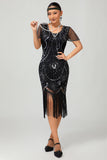 Gatsby Robe moulante à franges noires et rougesAnnées 1920 avec paillettes