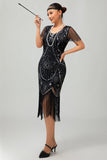 Gatsby Robe moulante à franges noires et rougesAnnées 1920 avec paillettes