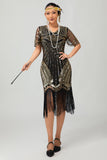 Robe courte moulante noire scintillante à franges rouges des années 1920 avec franges