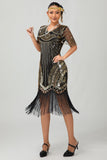 Robe moulante moulante à paillettes dorées noires des années 1920 avec pompons
