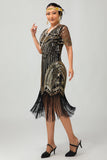 Robe moulante moulante à paillettes dorées noires des années 1920 avec pompons