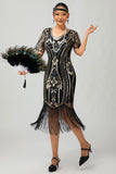 Robe à franges à paillettes vert foncé des années 1920 avec ensemble de 4 accessoires