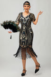 Robe moulante noire à paillettes dorées des années 1920 avec ensemble de 5 accessoires