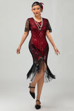 Robe courte moulante noire scintillante à franges rouges des années 1920 avec franges