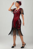 Robe moulante moulante à paillettes dorées noires des années 1920 avec pompons