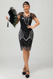 Robe courte noire à paillettes argentées Gatsby des années 1920 avec franges