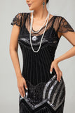 Robe courte noire à paillettes argentées Gatsby des années 1920 avec franges