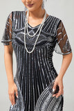 Robe noire à franges à paillettes en V à paillettes en argent des années 1920 avec ensemble de 5 accessoires
