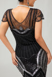 Robe courte noire à paillettes argentées Gatsby des années 1920 avec franges