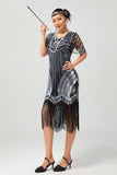 Robe noire à franges à paillettes en V à paillettes en argent des années 1920 avec ensemble de 5 accessoires