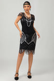 Robe courte noire à paillettes argentées Gatsby des années 1920 avec franges